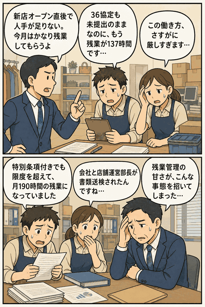 36協定未提出と月190時間残業の問題を説明する、店舗スタッフと管理者の会議風景