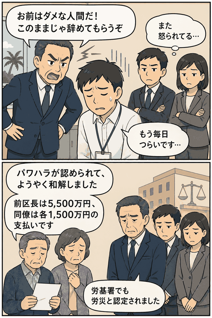 沖縄県の職場でパワハラを受けた男性の自殺をめぐり、遺族と前区長・同僚が和解した訴訟内容を説明する漫画