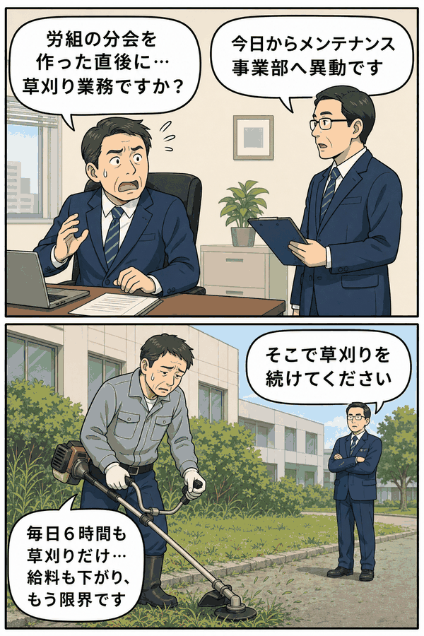 労組分会結成後にメンテナンス事業部へ異動となり、毎日6時間の草刈り業務を命じられた元部長のパワハラ訴訟を描いた漫画