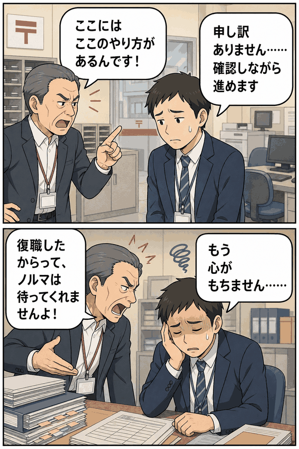 郵便局で年上の部下から叱責や罵倒を受け、復職後もノルマに追い詰められる男性課長を描いたパワハライラスト
