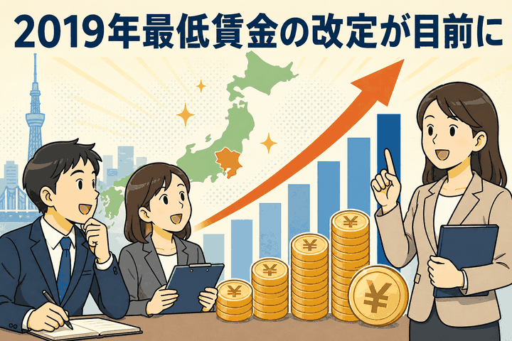 2019年10月の最低賃金改定を解説するイラスト。東京・神奈川で時給1,000円超え、全国加重平均901円、過去最高の27円引上げを示す上昇グラフと人物