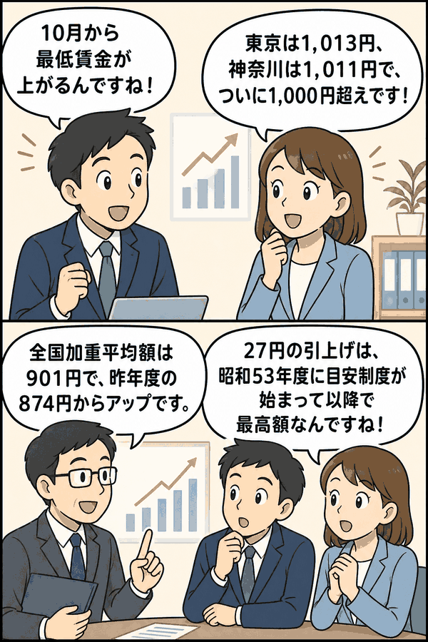 019年10月の最低賃金改定を漫画形式で解説する画像。東京都1,013円、神奈川県1,011円で全国初の時給1,000円超え、全国加重平均901円、27円引上げの過去最高額を説明