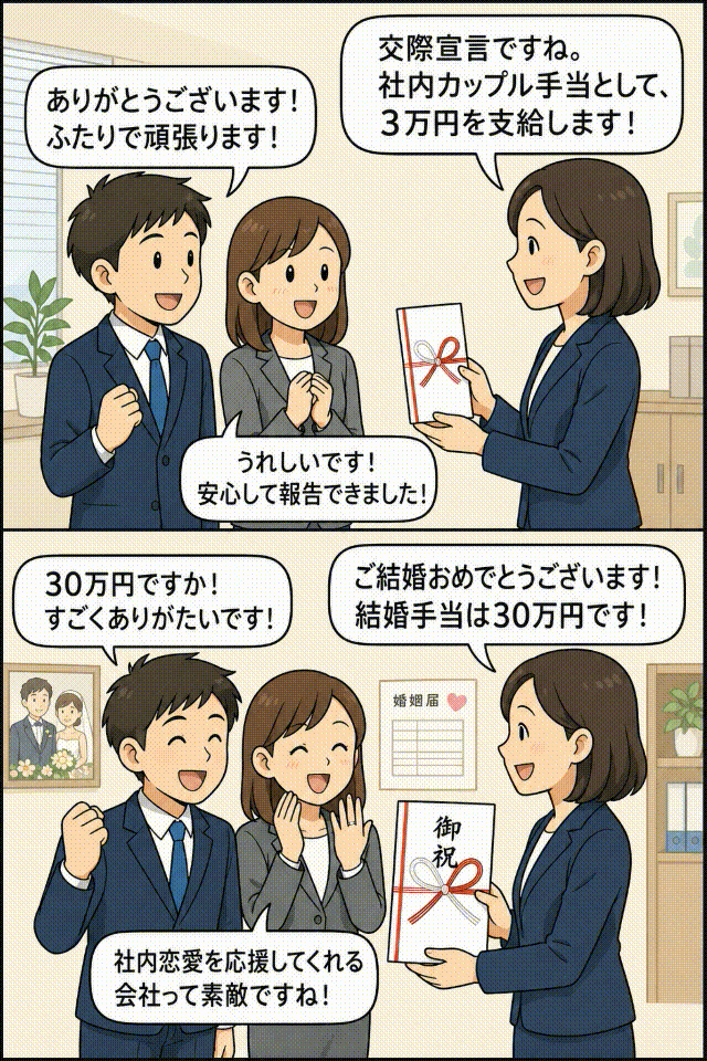 社内カップル手当制度を導入する商社で、交際宣言したカップルに3万円、社内結婚した夫婦に30万円の結婚手当を支給する様子