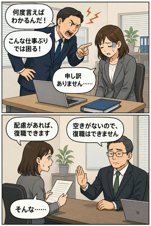 上司のパワハラでうつ病を発症した女性社員が、復職可能と診断されるも会社から復職を拒否される漫画イラスト