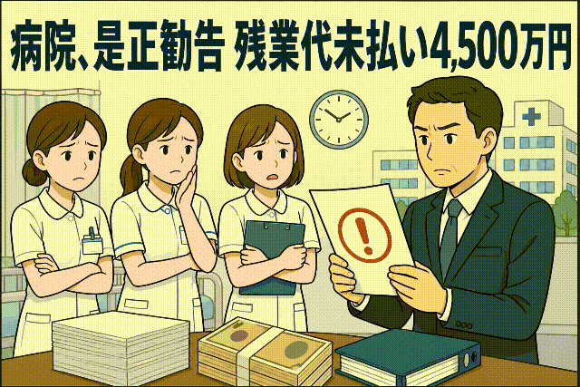 青森県の病院で看護師約290人に残業代の一部未払いがあり、労働基準監督署から是正勧告を受けたことを伝えるイラスト。未払い額は2年分で最大4,500万円となる見込み。