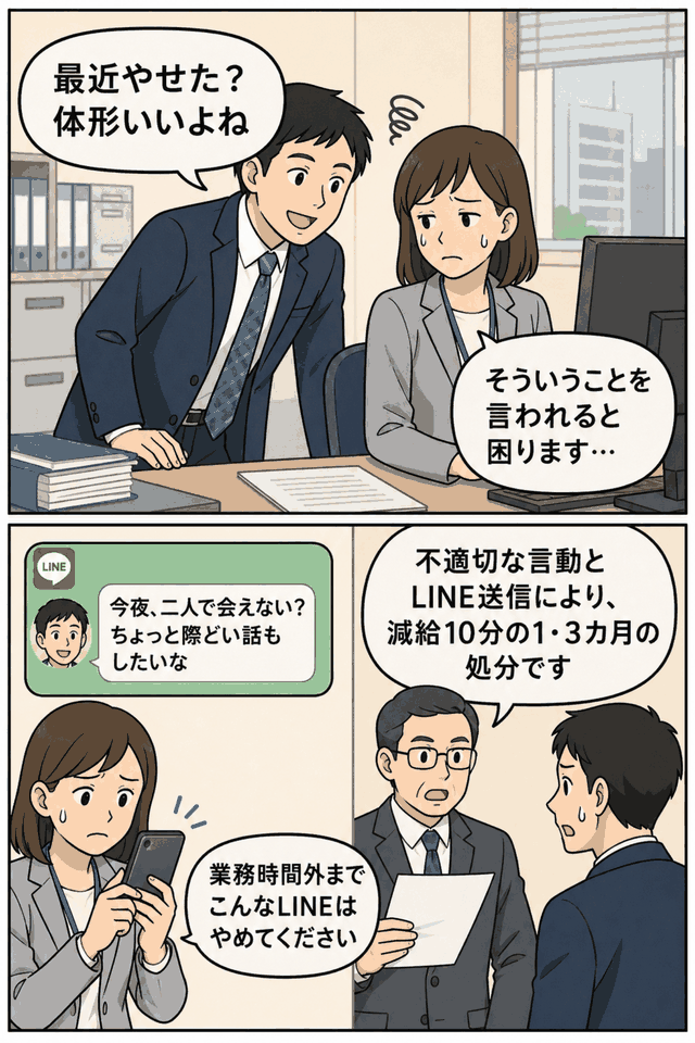 勤務時間中の体形に関する発言や業務時間外のLINE送信によるセクハラで、男性主任主事が減給10分の1・3カ月の懲戒処分を受けた事例を描いた漫画