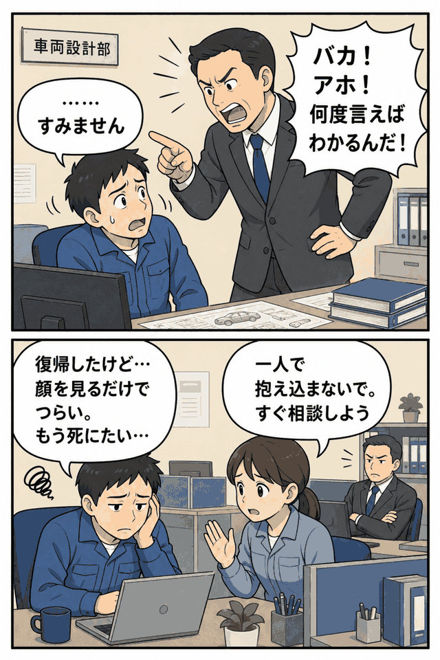 自動車会社の車両設計部で、上司から暴言を受ける男性社員と、復職後に同僚へ苦悩を相談する様子のイラスト