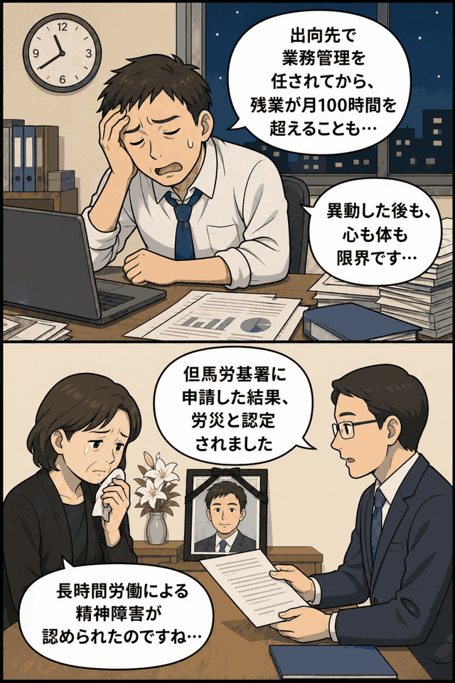 出向先で業務管理を任され残業が月100時間を超えた男性社員が、長時間労働による精神障害で過労自殺し、遺族の申請により労災認定された事例を描いた漫画画像