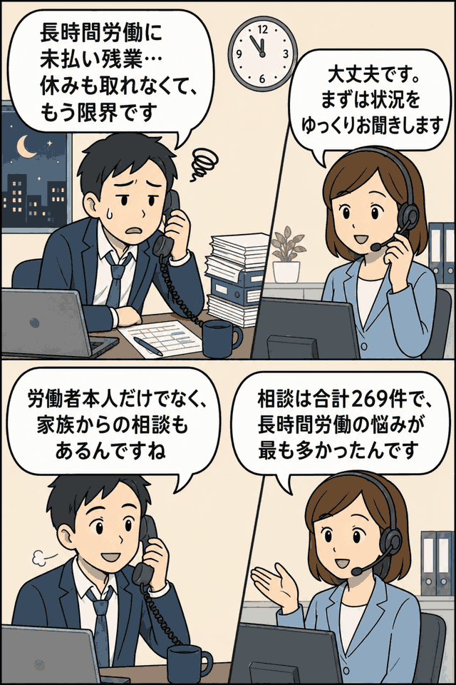 長時間労働や未払い残業、休暇取得に悩む労働者が、過重労働解消相談ダイヤルで相談員に状況を伝えている漫画風イラスト。