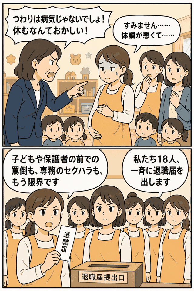 浜松市の保育園で園長らのパワハラやマタハラに抗議し、保育士18人が一斉に退職届を提出する様子を描いた漫画イラスト