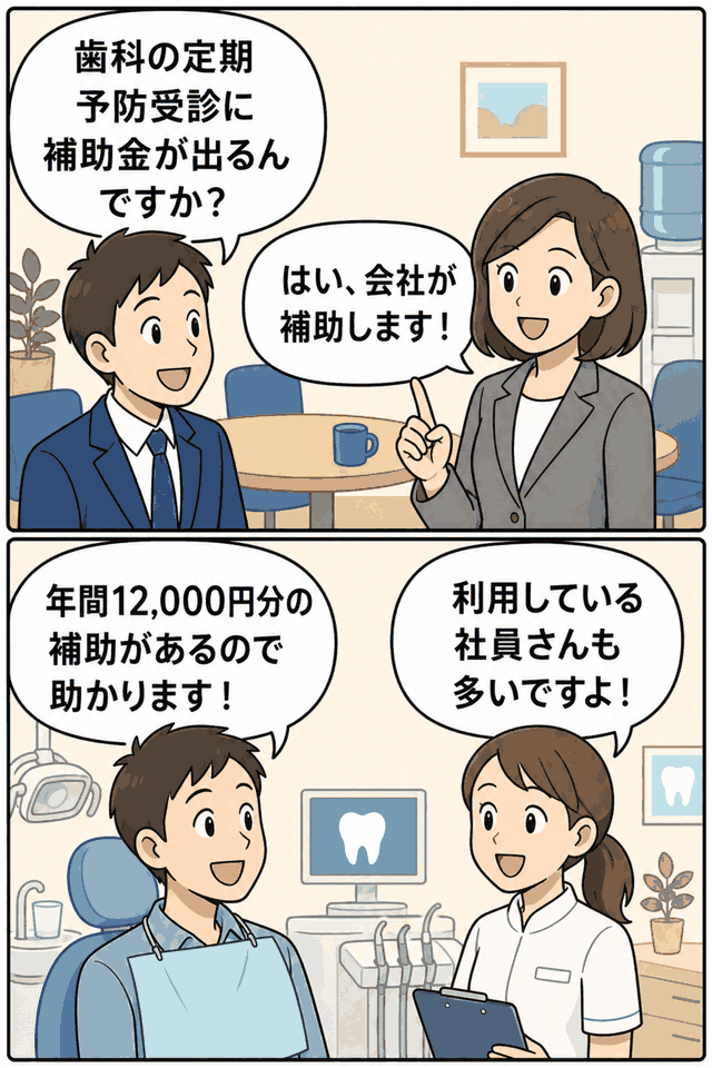 歯科の定期予防受診に対して会社が年間12,000円分の補助金を支給する制度を説明する漫画イラスト