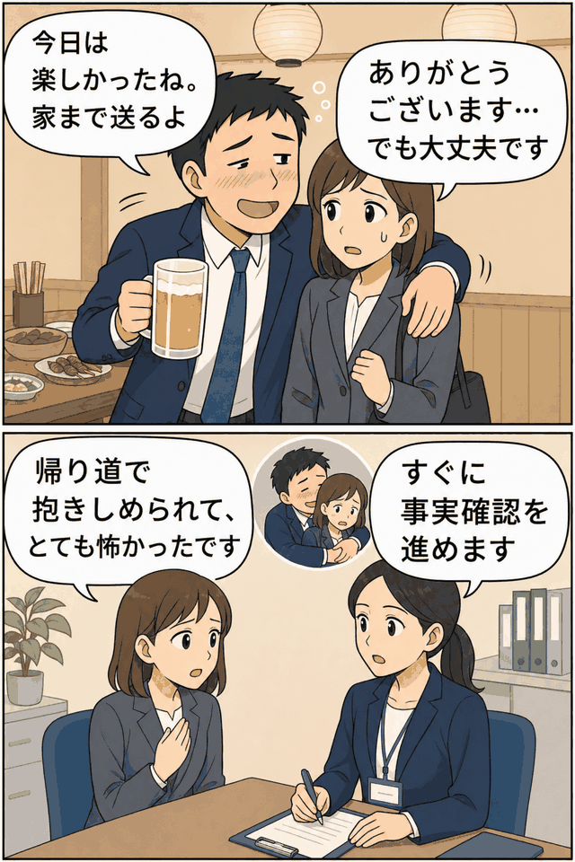忘年会で飲酒した男性職員が女性部下に接近し、帰り道で抱きしめられた被害を女性職員が相談窓口に申告する様子を描いたセクハラ事案の漫画イラスト。