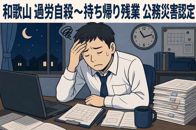 和歌山県立高校の男性教諭が、夜遅くまで持ち帰り残業や部活動対応に追われ、過労とうつ病に苦しむ様子を描いたイラスト
