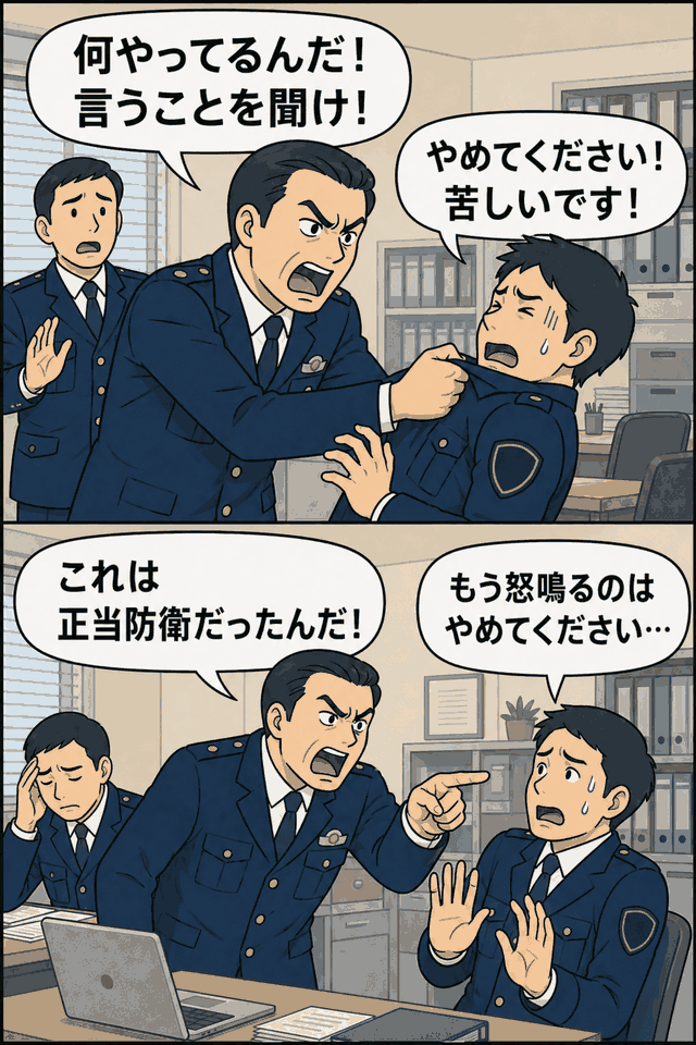神奈川県警の男性警部が部下の胸ぐらをつかみ大声で叱責するなど、暴行やパワハラ行為により懲戒免職となったニュースを描いた漫画