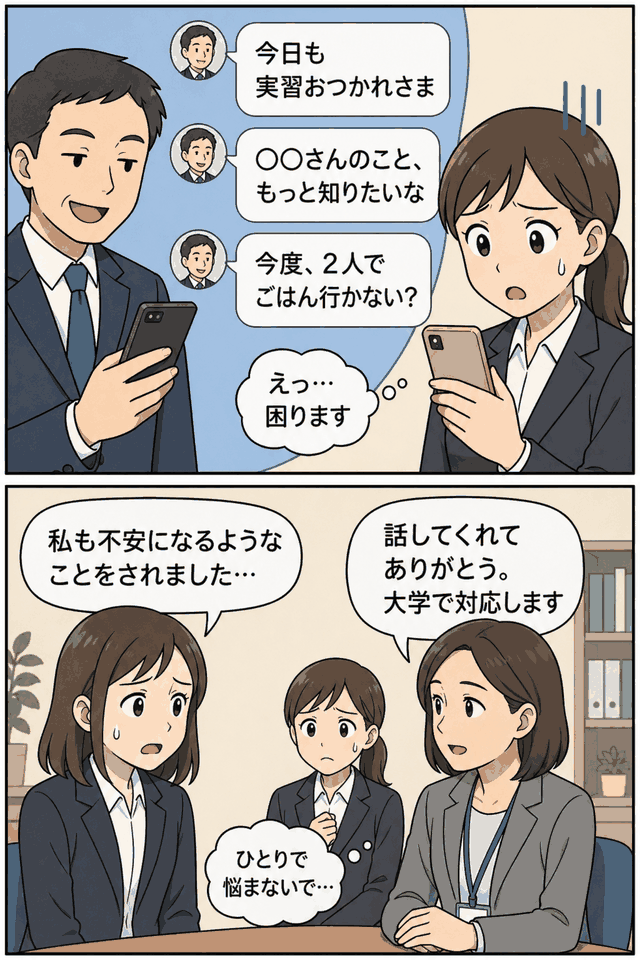 教育実習中の女子大学生が教諭からLINEで個人的な誘いを受け、不安を抱えて大学職員に相談する様子を描いたセクハラ問題のイラスト