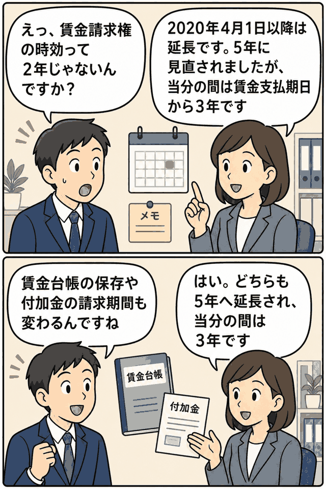 労働基準法改正により賃金請求権の消滅時効期間が2年から延長され、2020年4月1日以降は当分の間3年となることを説明する漫画