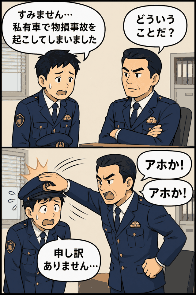 私有車で物損事故を起こした部下に対し、県警の男性巡査部長が「アホか」と叱責し、帽子の上から頭をはたいたパワハラ事案の漫画イメージ
