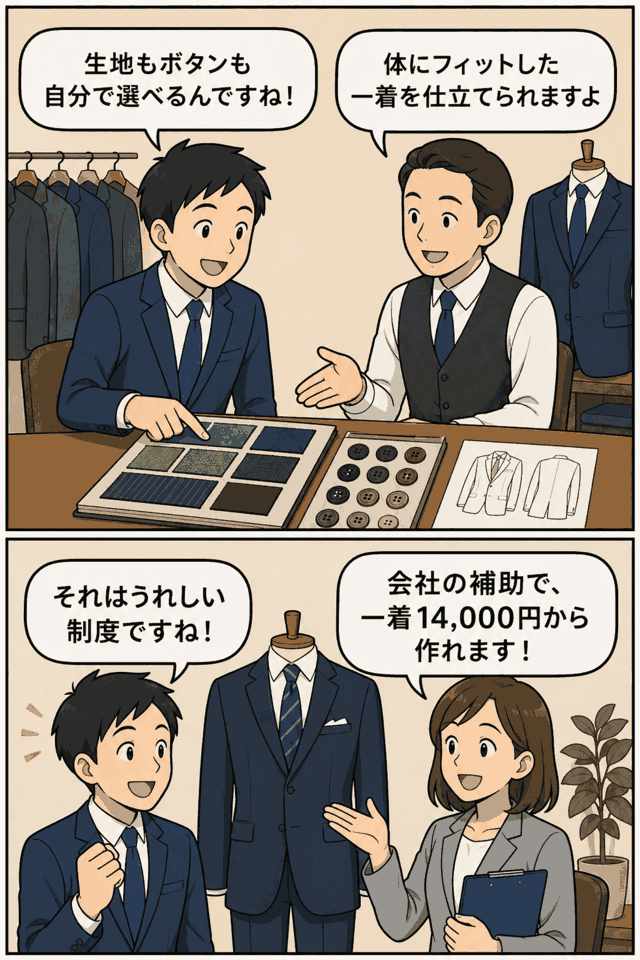 無線機販売会社の社内制度「オーダーメイドスーツ補助制度」を説明する漫画。従業員が生地やボタンを選び、会社補助で一着14,000円からスーツを仕立てられる様子。
