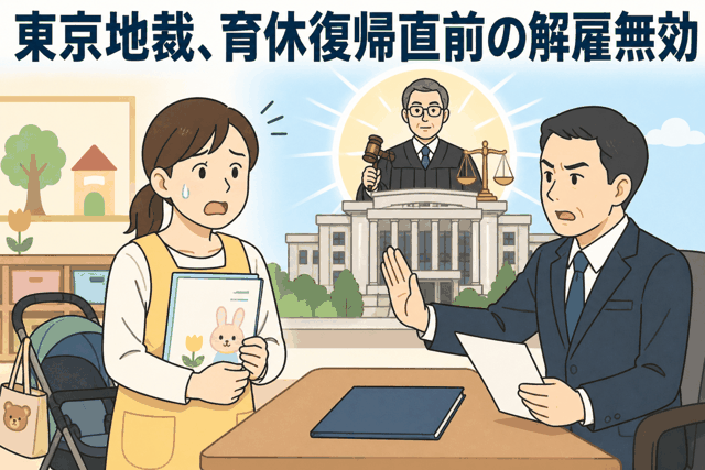 育休復帰直前に解雇された保育園労働者と雇用主、東京地裁が解雇無効と判断した事例を表すイラスト