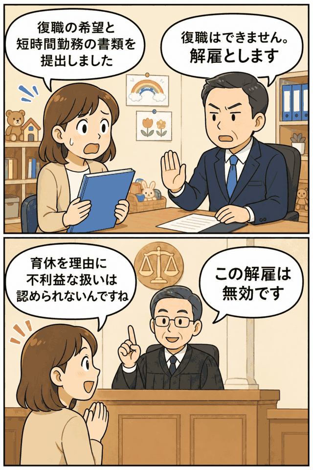 育休復帰直前に保育園労働者が解雇され、東京地裁が育休を理由とする不利益取扱いとして解雇無効と判断した裁判イラスト