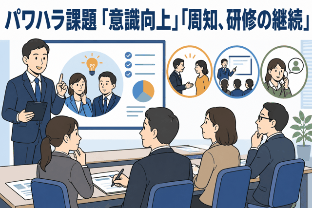 パワハラ防止に向けた意識向上や周知、研修継続の重要性を説明する企業研修のイラスト
