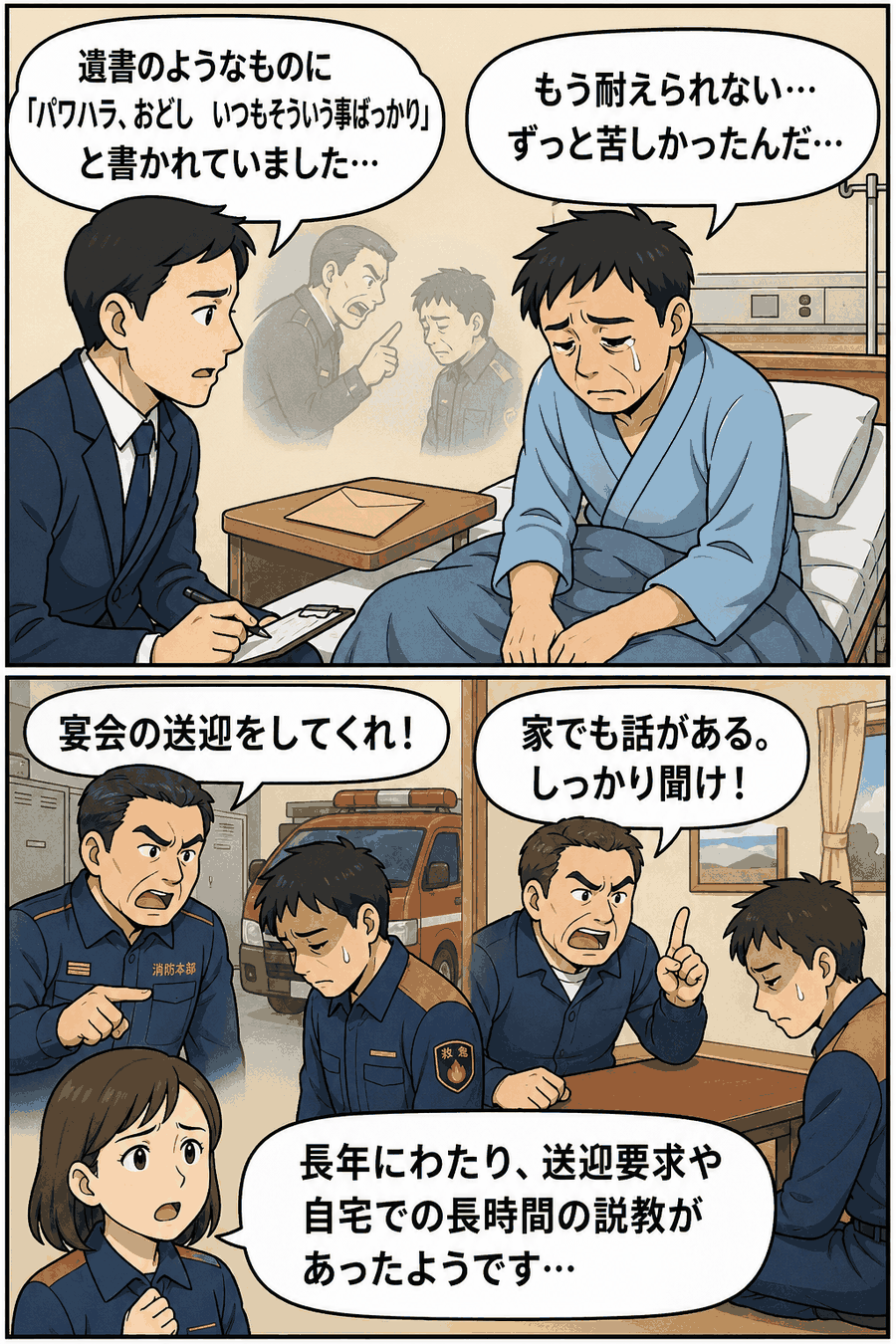 熊本県の消防本部で救急救命士の係長が上司からのパワハラや脅しを訴える遺書を残し、自殺を図った問題を漫画で解説する画像