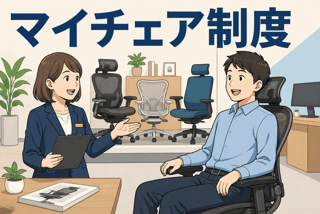 マイチェア制度でチェアコンシェルジュの説明を受けながら、自分に合ったオフィスチェアを選ぶ社員のイラスト