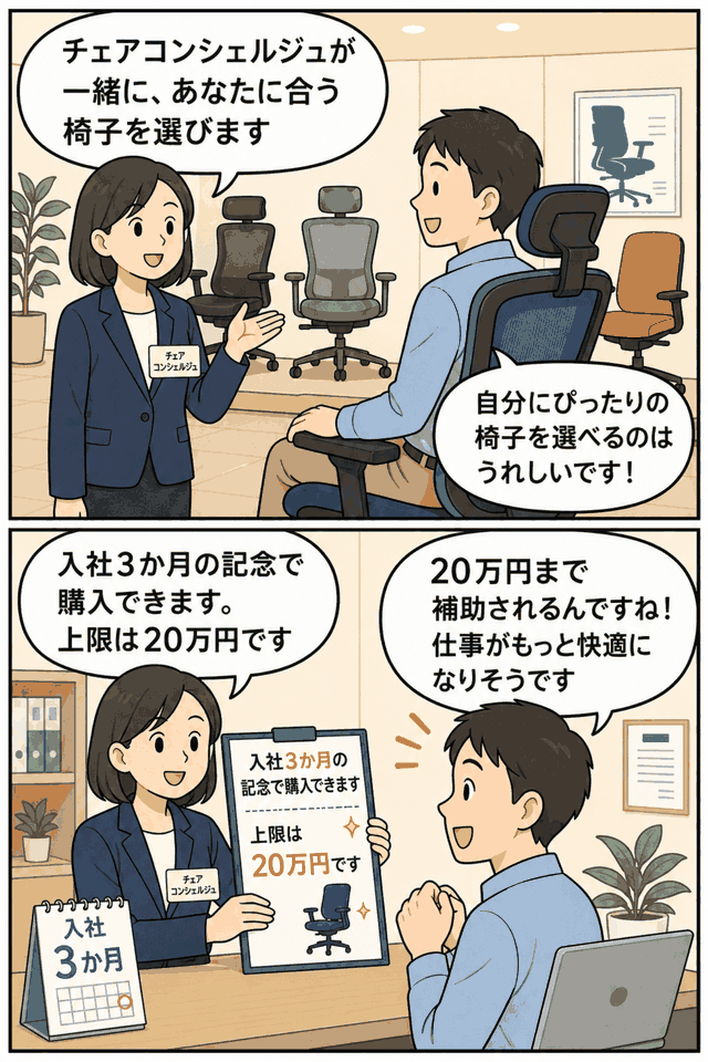 チェアコンシェルジュが入社3か月の社員に、上限20万円まで補助されるマイチェア制度を説明している漫画イラスト