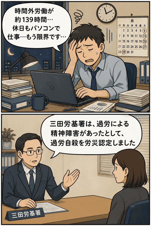 約139時間の時間外労働と休日労働により精神障害を発症し、過労自殺として労災認定された事例を描いた漫画