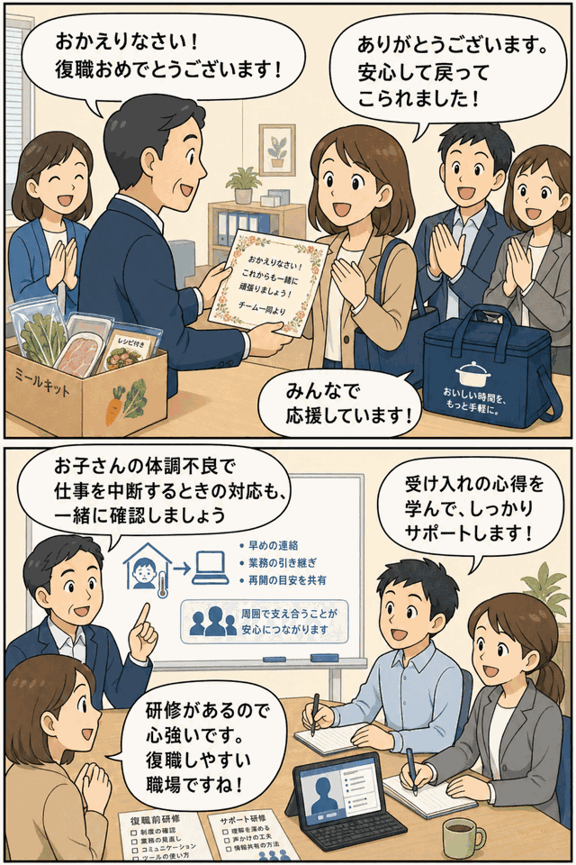 育休から復職するワーキングママ社員を同僚が復職式で歓迎し、復職前後研修や受け入れ研修で職場復帰を支援するミールキット宅配企業