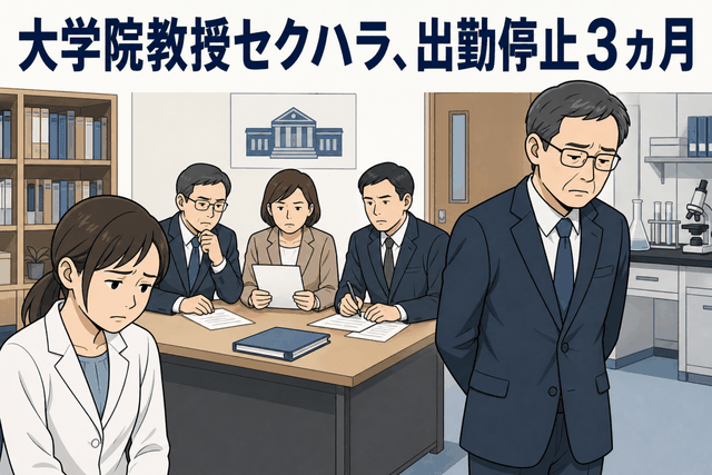 大学院教授のセクハラ行為が認定され、3カ月の出勤停止処分となったことを示す研究室内のイラスト