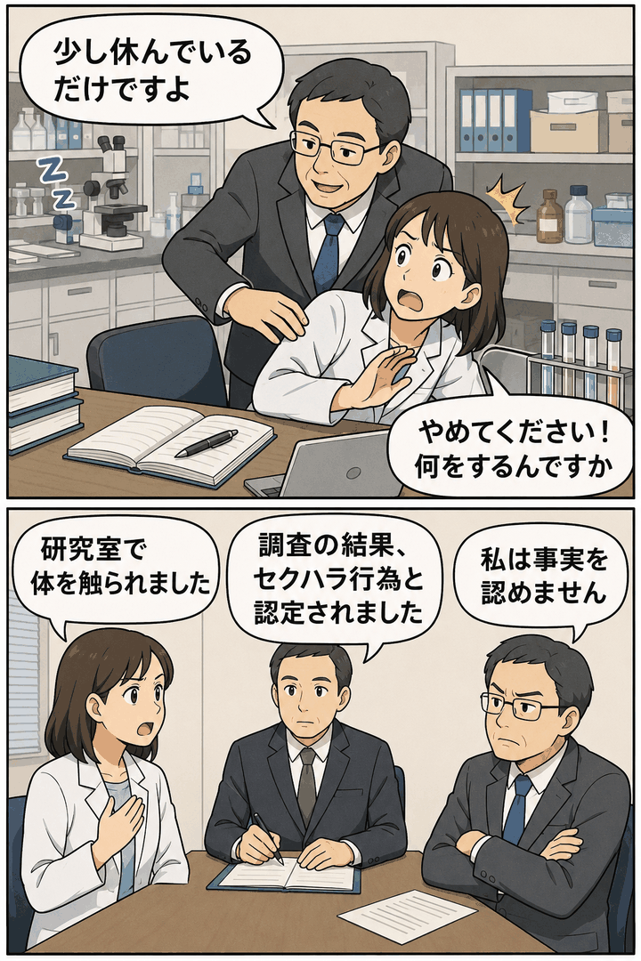 研究室で女性研究者への身体的接触をめぐるセクハラ申し立てがあり、学内調査の結果、大学院教授に出勤停止3カ月の懲戒処分が下された漫画イラスト
