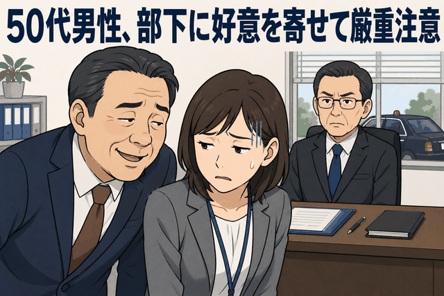 50代男性職員が部下の女性職員に好意を伝え、職務上の優位な立場を背景に厳重注意処分を受けた事案を描いたイラスト