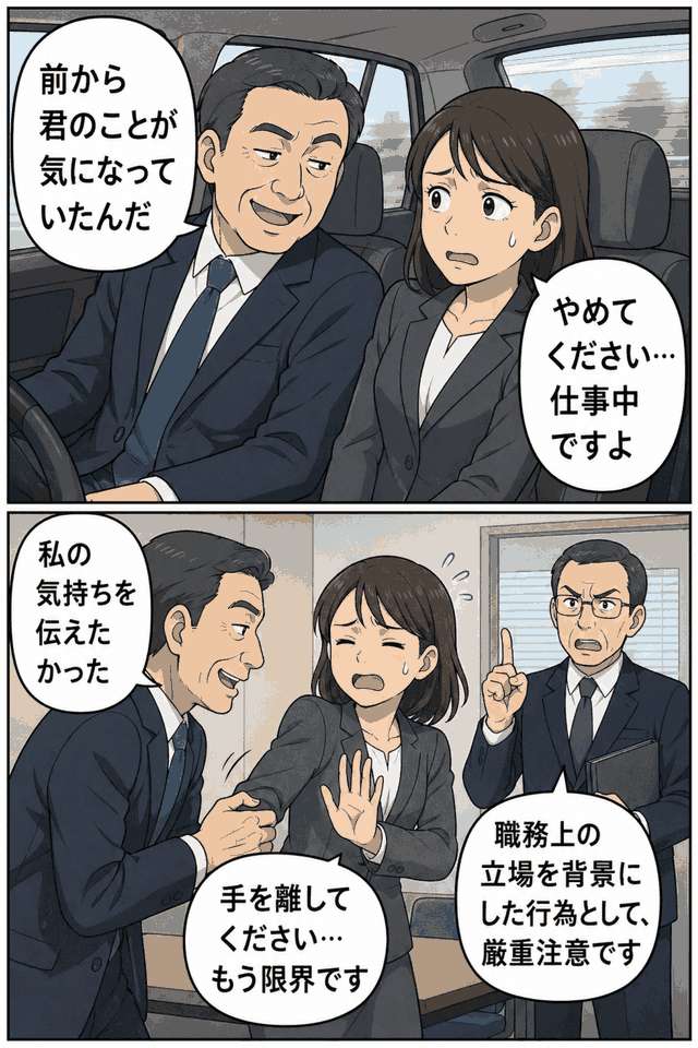 50代男性職員が公務出張中の車内や職場で部下女性に好意を伝え、手をつかむ不適切行為により厳重注意処分を受けた事案を描いた漫画イラスト
