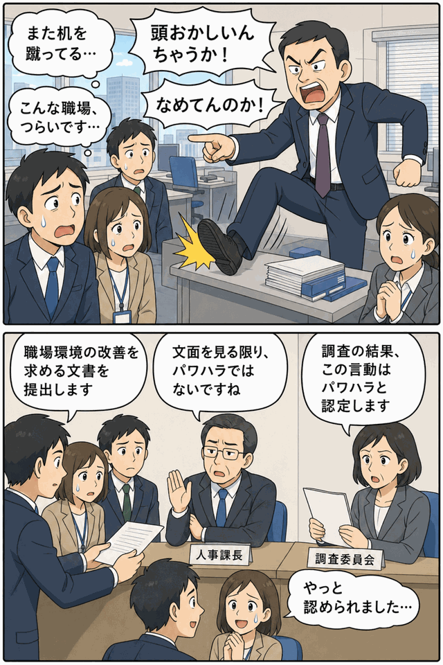 市の部長級幹部が職員に暴言を吐き机を蹴るパワハラ問題と、人事課・調査委員会の対応を描いた漫画