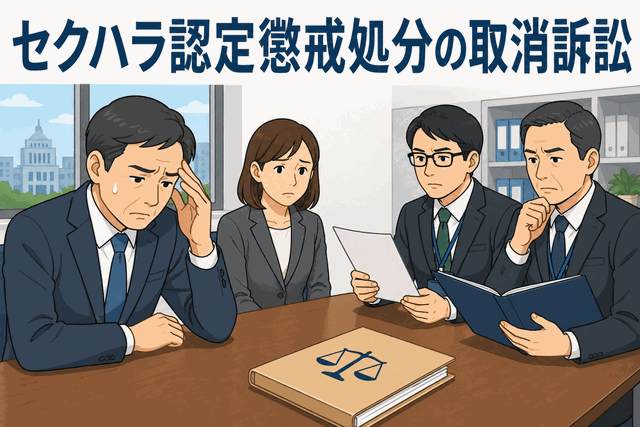 セクハラ認定による懲戒処分の取消訴訟をめぐり、市職員らが会議室で書類を確認しているイラスト
