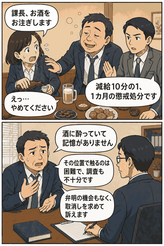 職場の懇親会でのセクハラ認定と減給処分、処分取消訴訟で男性課長が調査不十分や弁明機会の欠如を主張する漫画