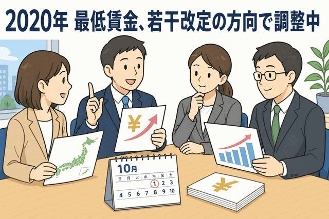 2020年の地域別最低賃金改定について、会議で資料を確認するビジネスパーソンと10月発効を示すイラスト