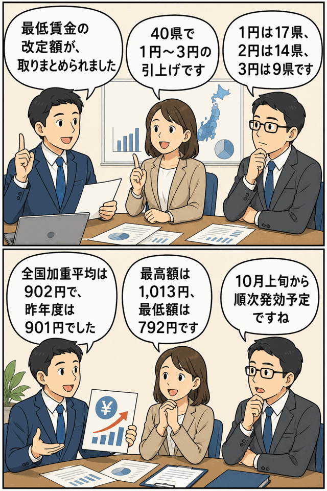 2020年の地域別最低賃金改定について、40県で1円〜3円引上げ、全国加重平均902円、10月上旬発効予定などを解説する会議風景の漫画イラスト