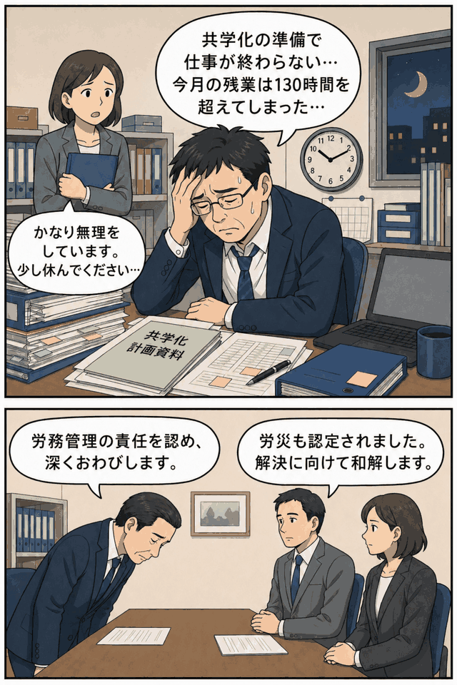 私立高校の教頭が共学化準備で月130時間超の残業となり、労災認定後に学校法人が労務管理責任を認めて和解した事案を描いた漫画