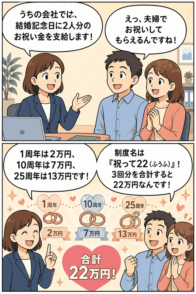 結婚記念日に社員夫婦へ2人分のお祝い金を支給する社内制度「祝って22」を説明する漫画