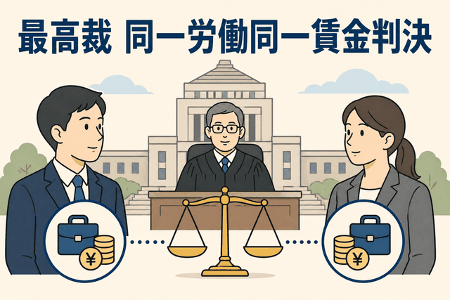 最高裁判所で同一労働同一賃金に関する判決が示され、裁判官と労働者、賃金格差を象徴する天秤が描かれたイラスト