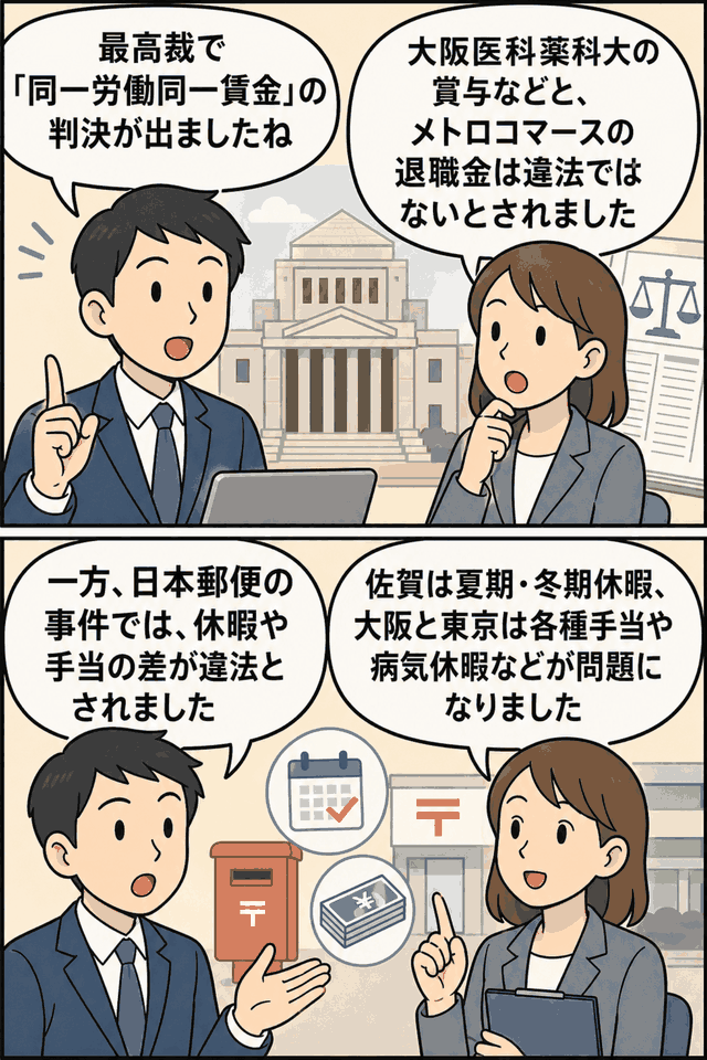 最高裁の同一労働同一賃金判決について、大阪医科薬科大学事件・メトロコマース事件・日本郵便事件の判断内容を会話形式で解説する漫画