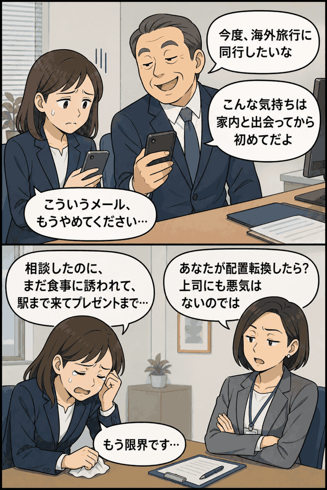 既婚の男性上司から海外旅行への同行や好意を示すメールを受けた女性社員が、人事部に相談しても十分に対応されず苦しむセクハラ事例