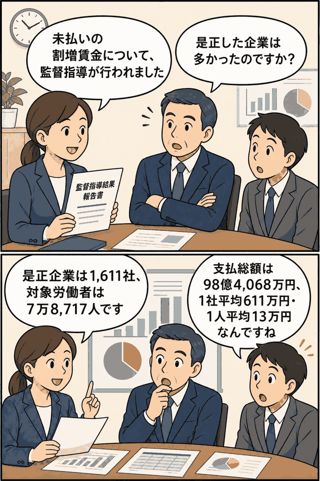 未払いの割増賃金に対する労働基準監督署の監督指導結果について、是正企業数や支払総額を説明する漫画