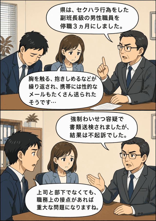 県の副班長級男性職員が同僚女性へのセクハラ行為により停職3カ月の懲戒処分を受け、不起訴後も職場で問題視された事例を説明する漫画