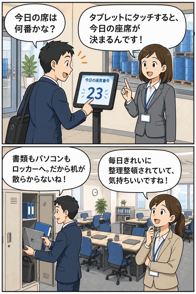 ドラム缶製造販売会社の社員が出勤時にタブレットで座席番号をくじ引きし、書類やパソコンをロッカーに収納して整理整頓されたオフィスを保つ様子