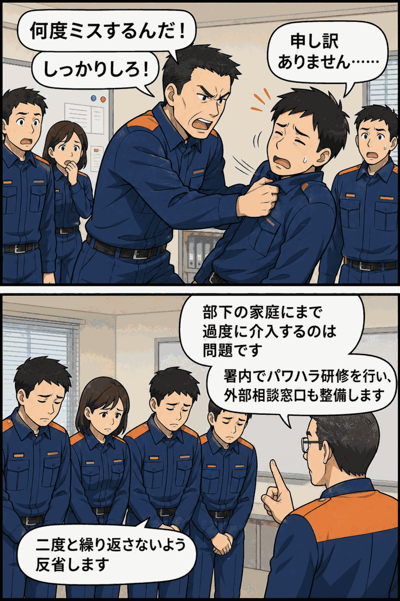 消防署内で上司が部下を叱責し暴行するパワハラ行為と、再発防止研修・外部相談窓口の整備を描いた漫画画像