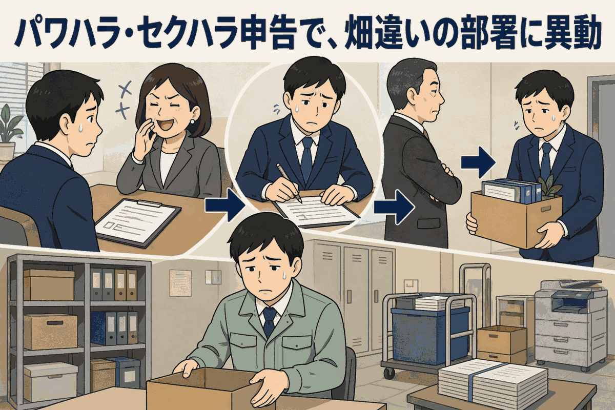 パワハラ・セクハラ被害を申告した男性社員が、コンプライアンス対応後に畑違いの部署へ異動させられる様子を描いたアイキャッチ画像