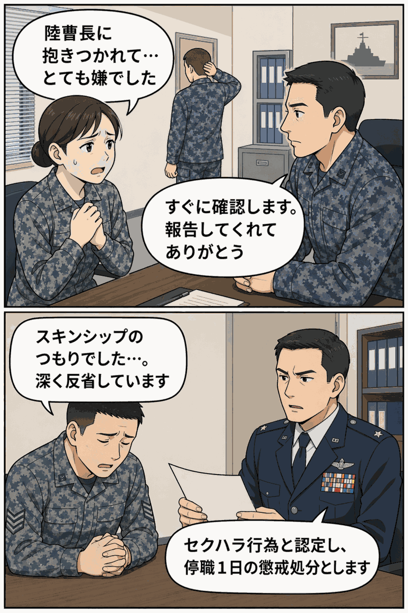 女性隊員が上司にセクハラ被害を報告し、男性陸曹長が「スキンシップのつもり」と説明するも停職1日の懲戒処分を受ける